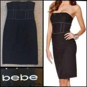 Bebe black/white polka-dot pin-up, corset waist pencil tube top dress. S…